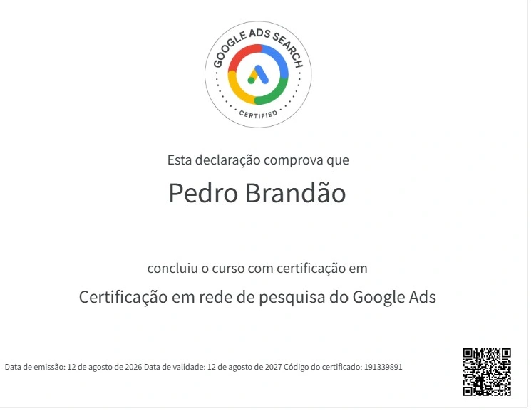 Certificado do Google Ads, com código de verificação e QR code